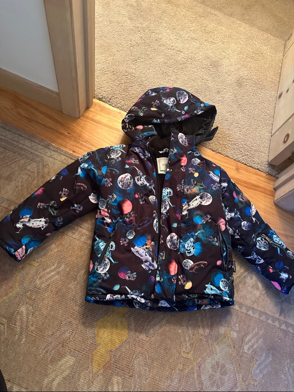 Kids Hooded Space-Print Puffer Jacket - Black/Multi